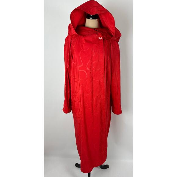 Vintage Red Rain Coat Cloak Size Medium Large Hooded Retro Chic Full Length 50s - Picture 9 of 13